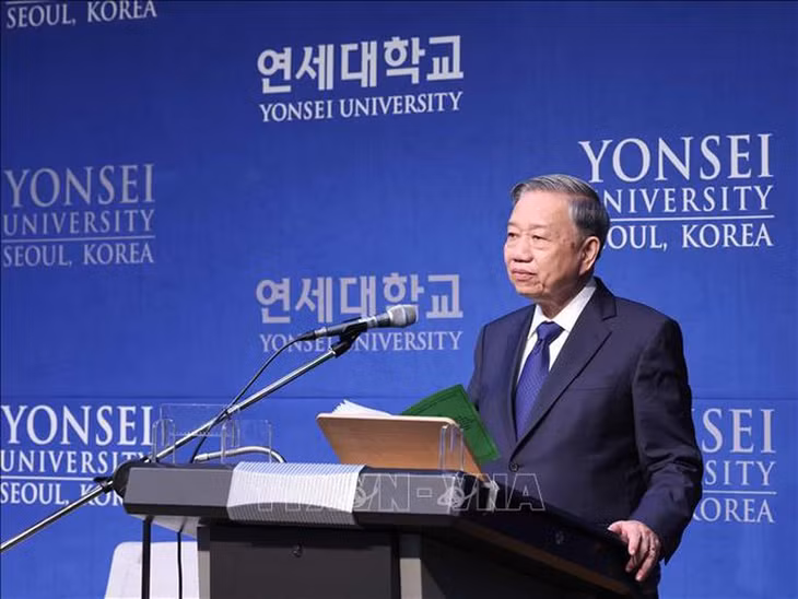 Tổng Bí thư Tô Lâm phát biểu chính sách tại Trường Đại học Yonsei. Ảnh: TTXVN
