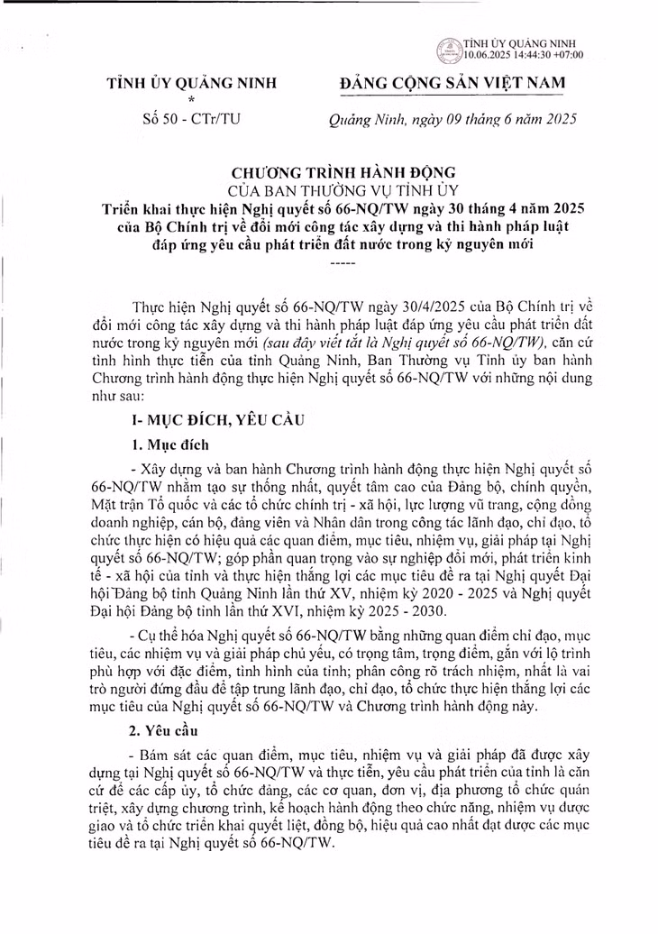 Sở Tư pháp tham mưu Tỉnh ủy Quảng Ninh ban hành Chương trình hành động số 50-CTr/TU ngày 9/6/2025 về triển khai thực hiện Nghị quyết số 66-NQ/TW ngày 30/4/2025 của Bộ Chính trị.