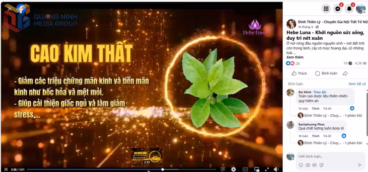 Một quảng cáo về công dụng của sản phẩm thực phẩm chức năng Hebe Luna trên page “Đinh Thiên Lý - Chuyên Gia Nội Tiết Tố Nữ”. 