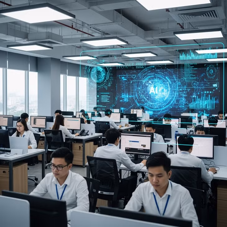 Nhân viên văn phòng làm việc dưới sự hỗ trợ giám sát của hệ thống AI