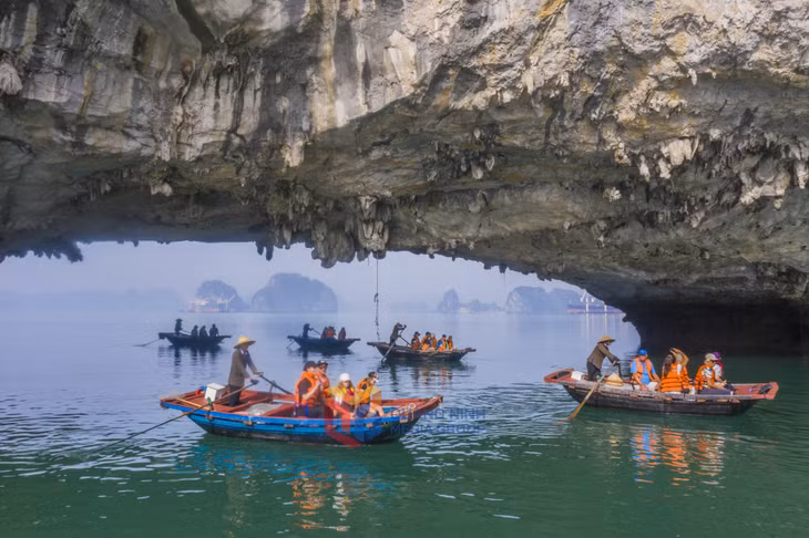 Du khách đi đò khám phá làng chài Vung Viêng trong nắng sớm