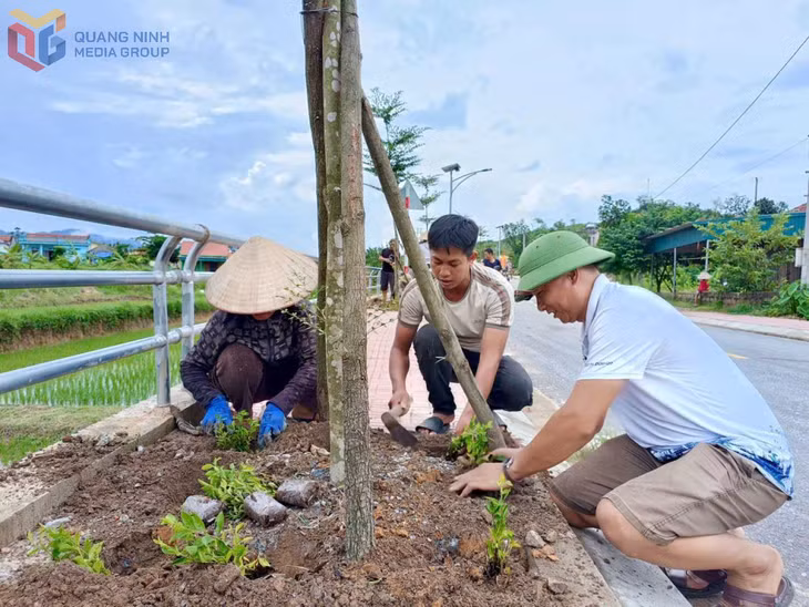 Hội viên, nông dân xã Ba Chẽ tham gia trồng hoa, tạo cảnh quan môi trường xanh - sạch - đẹp. Ảnh: Phạm Lợi.