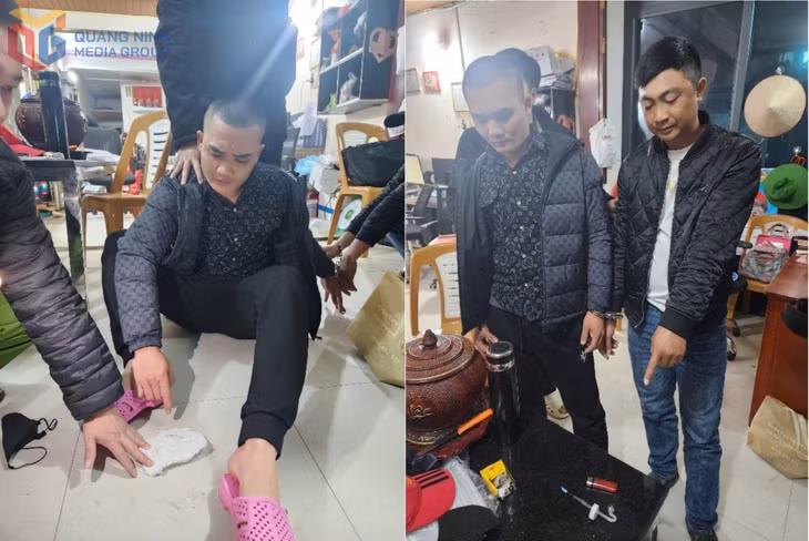 Đối tượng Nguyễn Văn Phong và Bùi Đình Lục cùng vật chứng khi bị bắt.