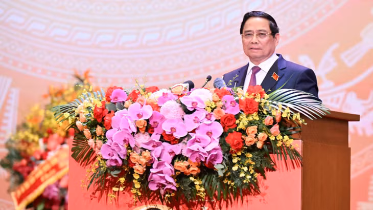 Thủ tướng Phạm Minh Chính trình bày diễn văn kỷ niệm 80 năm thành lập Chính phủ. (Ảnh: TRẦN HẢI)