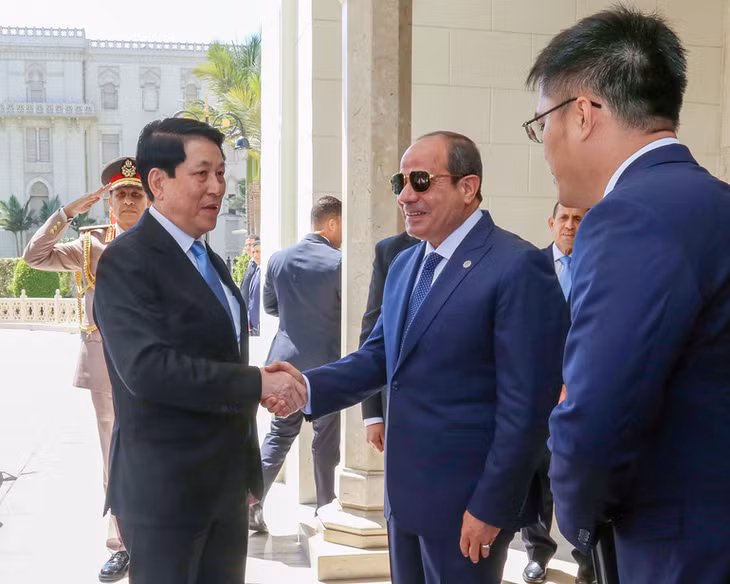 Tổng thống Abdel Fattah Al Sisi đón Chủ tịch nước Lương Cường. (Ảnh: XUÂN KỲ)