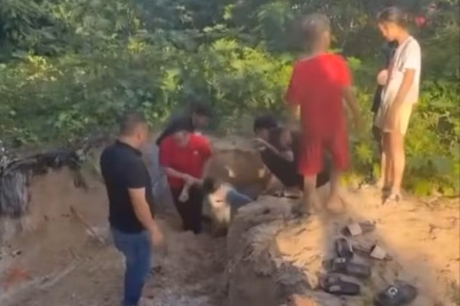 Khoảnh khắc tài xế Tí Hon cùng người khác đưa cháu bé thoát khỏi đống cát. Ảnh: Người dân cung cấp