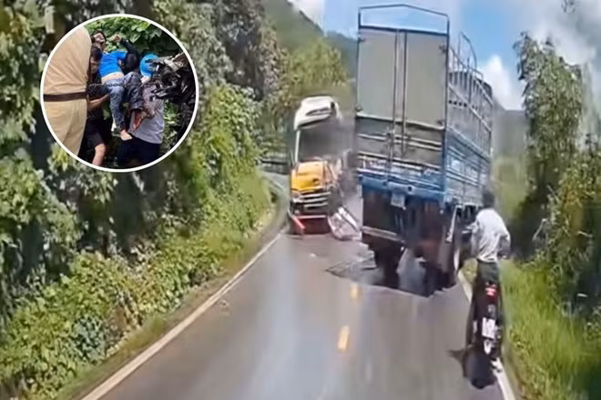 Xe khách đấu đầu xe tải trên Quốc lộ 3 khiến một tài xế dập nát bàn chân. Ảnh: Trọng Bùi