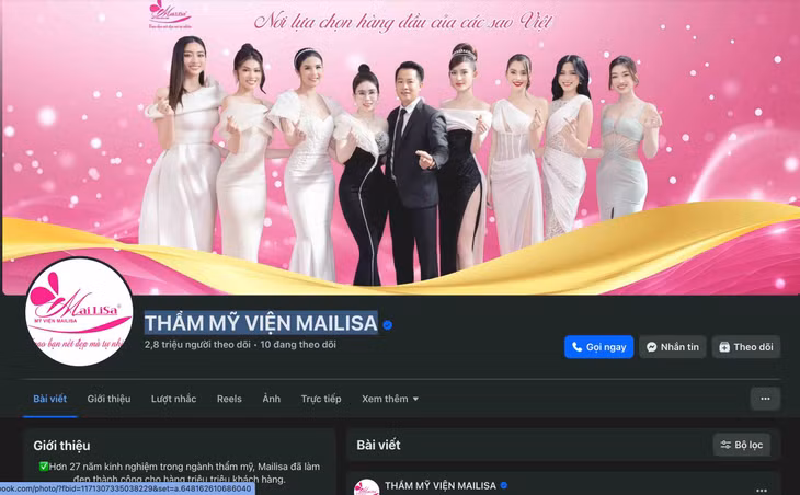 Trang Facebook THẨM MỸ VIỆN MAILISA với 2,8 triệu người theo dõi đến thời điểm cơ quan chức năng khởi tố bị can vẫn cập nhật thông tin mới. Ảnh chụp màn hình