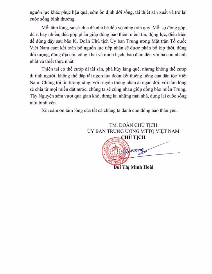 Đoàn Chủ tịch Ủy ban Trung ương MTTQ Việt Nam ra lời kêu gọi ủng hộ đồng bào miền Trung, Tây Nguyên bị thiệt hại do mưa lũ gây ra. Ảnh: Mattran.org.vn