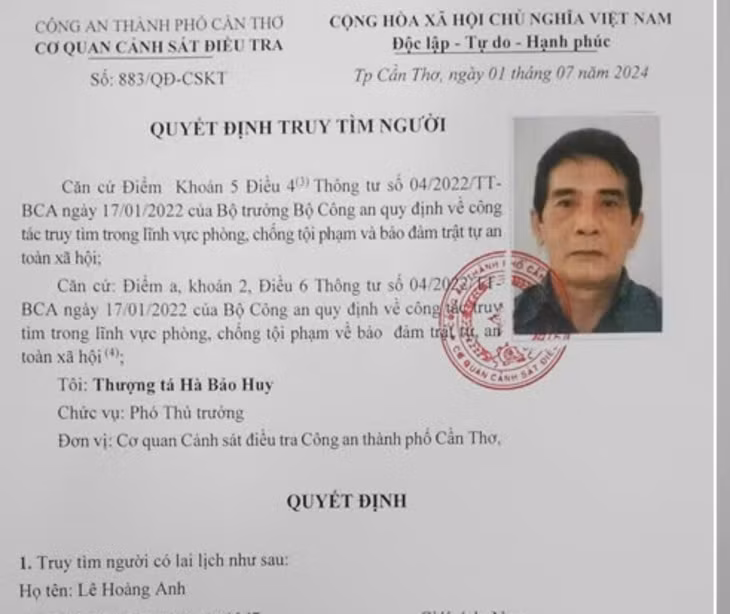 Quyết định truy tìm ông Lê Hoàng Anh liên quan đến vụ việc. Ảnh: Công an Cần Thơ