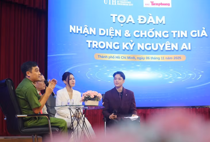 Đại diện Phòng Cảnh sát Hình sự, Công an Thành phố Hồ Chí Minh và các diễn giả tham gia tọa đàm "Nhận diện và chống tin giả trong kỷ nguyên AI".