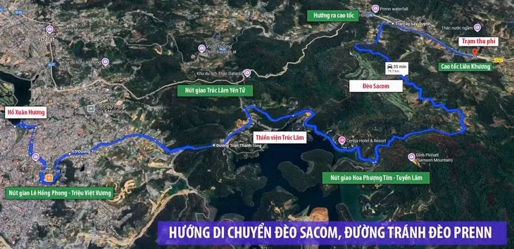 Hướng di chuyển vào Đà Lạt tránh đèo Mimoma và đèo Prenn - Đồ họa: NGUYỄN NGỌC PHÚC