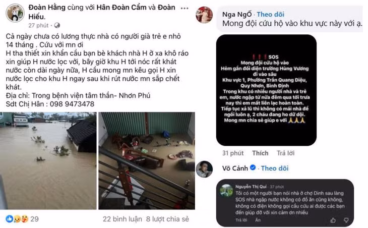 Thông tin người dân cô lập do lũ cầu cứu lan truyền trên mạng xã hội. Ảnh: Bình Định