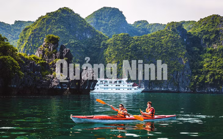 Du khách chèo thuyền Kayak tham quan Vịnh Hạ Long (8-2018).