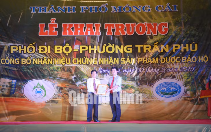 Tối 30/5/2015, tại TP Móng Cái, Phó Chủ tịch UBND tỉnh Lê Quang Tùng trao chứng nhận đăng ký nhãn hiệu sản phẩm lợn Móng Cái cho TP Móng Cái. Ảnh: Phương Thúy