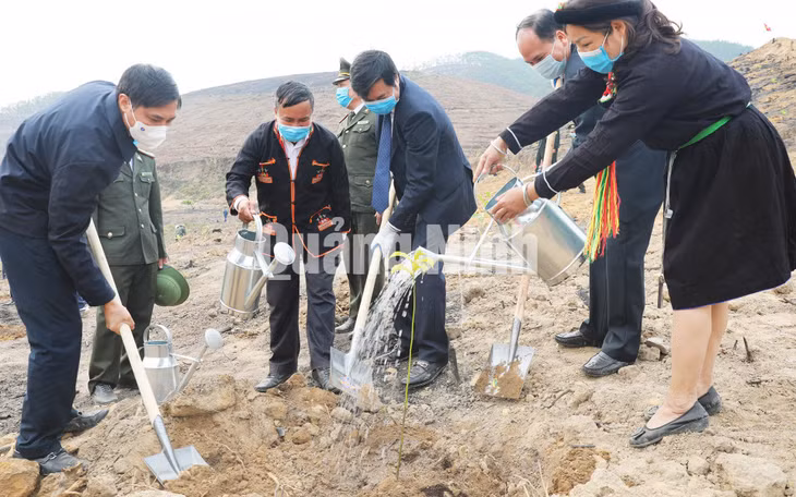 Chủ tịch UBND tỉnh Nguyễn Tường Văn cùng lãnh đạo TP Hạ Long tham gia trồng rừng tại lễ phát động (2-2021). Ảnh: Đỗ Phương