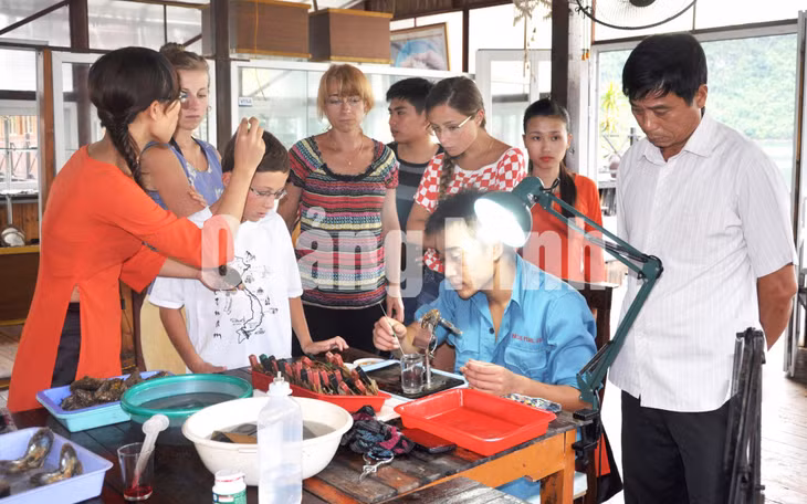 Du khách quốc tế tham quan điểm chế tác ngọc trai trên Vịnh Hạ Long. Ảnh: Thu Nguyên