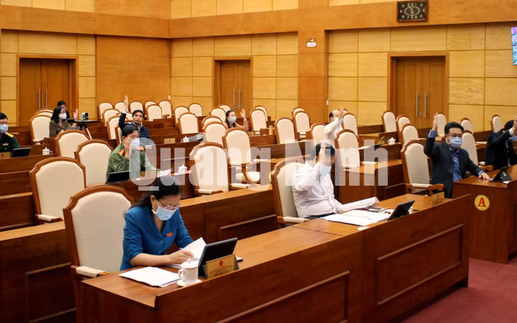 Các đại biểu biểu quyết tại điểm cầu hội trường chính (3-2020). Ảnh: Thu Chung