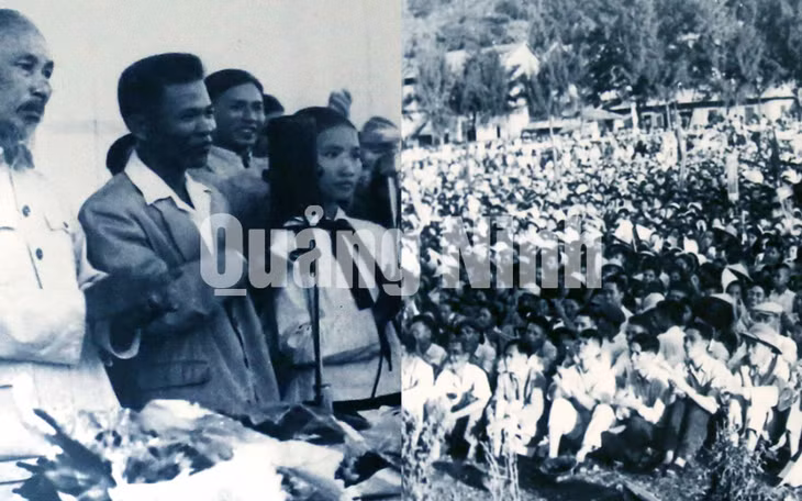 Chủ tịch Hồ Chí Minh nói chuyện với cán bộ, nhân dân khu Hồng Quảng tại sân vận động Hồng Gai (4-10-1957).
