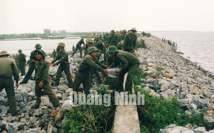 Bộ đội Đồn Biên phòng cửa khẩu Cảng Vạn Gia giúp dân xây dựng đê Hòa Bình (xã Vĩnh Thực, TP Móng Cái). Ảnh: Tư Liệu