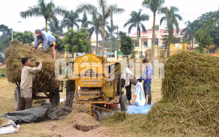 Người dân xã sông Khoai áp dụng cơ giới hóa vào sản xuất, thu hoạch lúa. Ảnh: Nguyễn Chiến