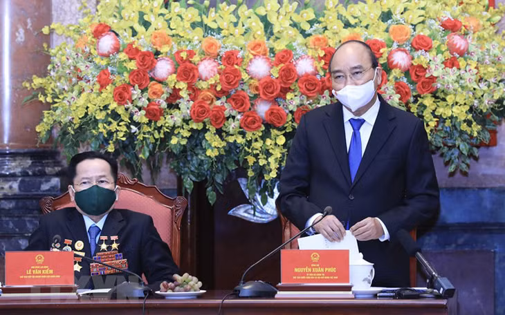 Chủ tịch nước Nguyễn Xuân Phúc phát biểu tại buổi gặp. (Ảnh: Lâm Khánh/TTXVN)