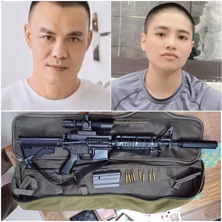 Đối tượng Minh (bên trái) và Tuấn cùng khẩu súng AR15 là tang vật vụ án.