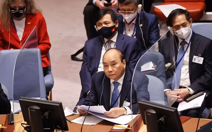Chủ tịch nước Nguyễn Xuân Phúc tham dự và phát biểu tại một phiên họp cấp cao của Hội đồng Bảo an Liên hợp quốc. (Ảnh TTXVN).