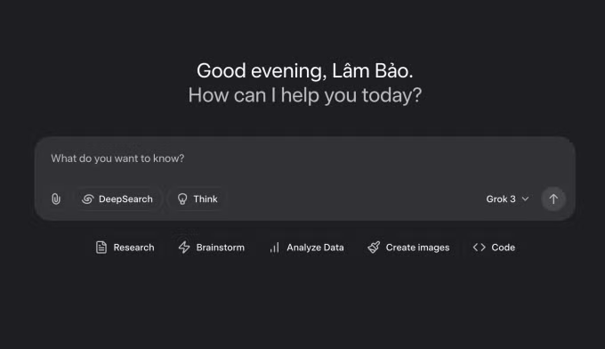 Giao diện website với mô hình Grok 3 đang được cho trải nghiệm miễn phí.
