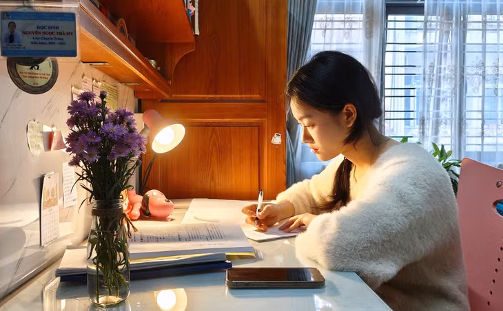 Nguyễn Ngọc Trà My, sinh viên năm thứ 2 ngành Hán ngữ, Trường Đại học Quảng Tây ôn luyện kiến thức trước khi trở lại trường sau kỳ nghỉ Tết Nguyên đán với gia đình.