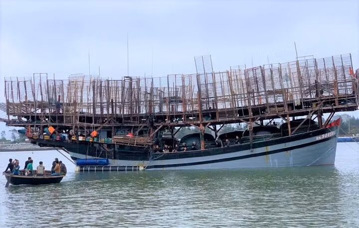 Tàu câu mực QNa 90859 TS cập vào bờ và chủ tàu trình báo sự việc thuyền viên C. mất tích. (Ảnh: T.D)