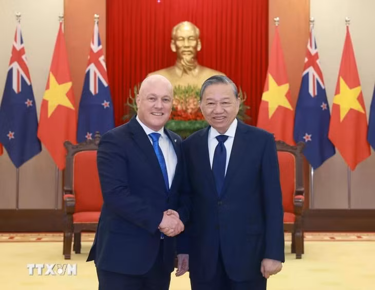 Tổng Bí thư Tô Lâm tiếp Thủ tướng New Zealand Christopher Luxon. (Ảnh: Thống Nhất/TTXVN)