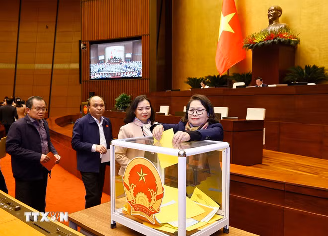 Đại biểu Quốc hội bỏ phiếu bầu Phó Chủ tịch Quốc hội và Ủy viên Ủy ban Thường vụ Quốc hội; phê chuẩn đề nghị của Thủ tướng Chính phủ về việc bổ nhiệm các Phó Thủ tướng Chính phủ, Bộ trưởng và thành viên khác của Chính phủ. (Ảnh: Doãn Tấn/TTXVN)