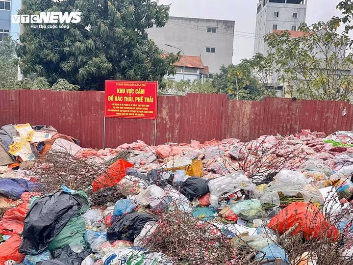 Theo ghi nhận, hàng chục tấn bánh kẹo các loại được chất thành núi, vứt bỏ tại khu vực bãi rác ven tuyến đường dân sinh Đồng Tiến của xã La Phù ngay sau những ngày nghỉ lễ Tết Nguyên đán 2025 khiến khu vực này chìm trong cảnh nhếch nhác.