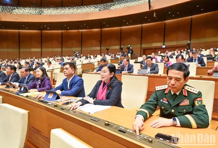 Các đại biểu Quốc hội biểu quyết thông qua Nghị quyết của Quốc hội bổ sung kế hoạch phát triển kinh tế-xã hội năm 2025 với mục tiêu tăng trưởng đạt 8% trở lên. (Ảnh: DUY LINH)