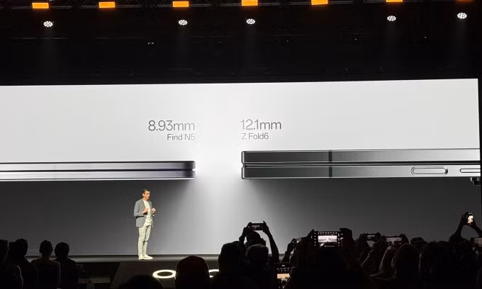 Oppo so sánh độ mỏng của Find N5 với Z Fold6. Ảnh: Tuấn Minh