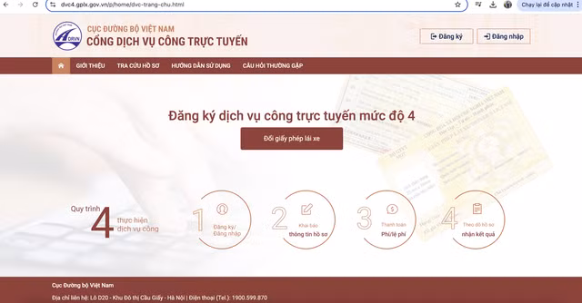 Cổng dịch vụ công trực tuyến của Cục Đường bộ Việt Nam. Ảnh: Chụp màn hình.