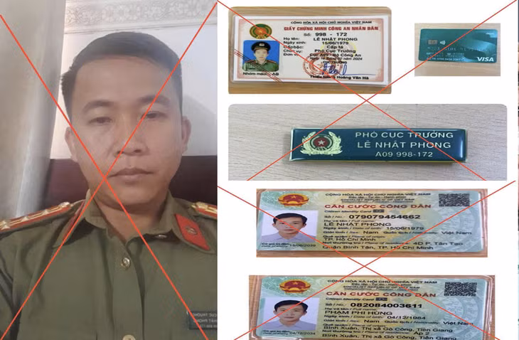 Đối tượng Phạm Văn Thảo cùng giấy tờ giả mang tên Lê Nhật Phong, Phạm Phi Hùng. Ảnh: Bộ Công an