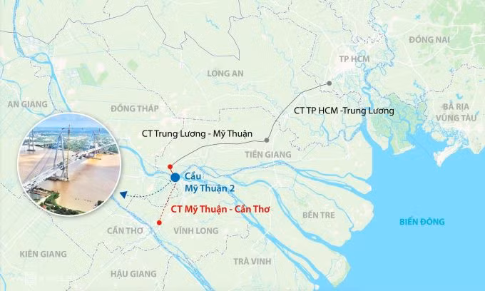 Hướng tuyến cao tốc Mỹ Thuận - Cần Thơ. Đồ hoạ: Đăng Hiếu