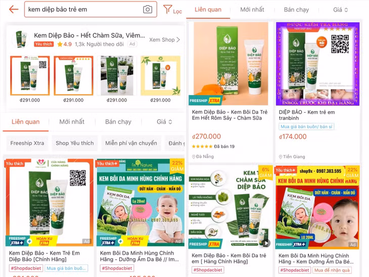 Kem Diệp Bảo được bán tràn lan trên sàn giao dịch điện tử Shopee, bán tại nhiều tỉnh thành. Ảnh: Hương Giang