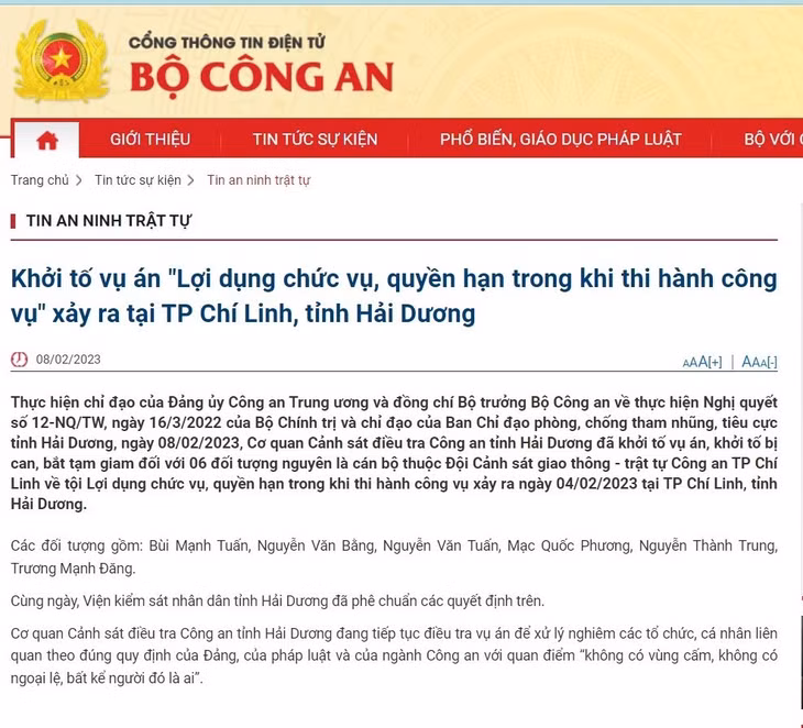 Công an tỉnh Hải Dương bắt tạm giam 6 đối tượng tội Lợi dụng chức vụ quyền hạn.