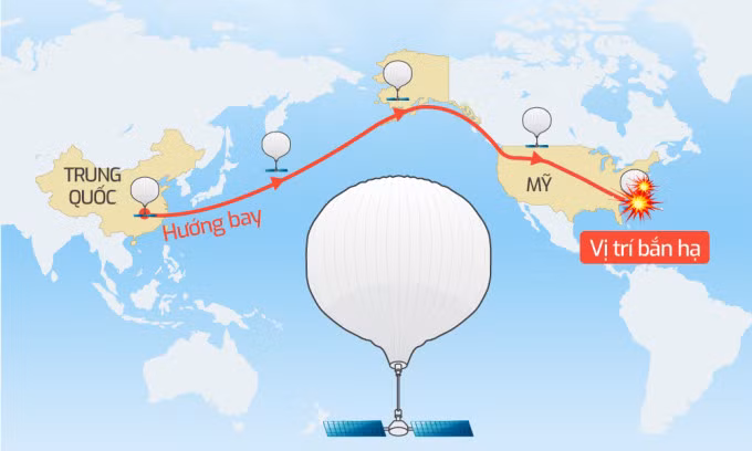 Hành trình của khí cầu Trung Quốc bay vào không phận Mỹ. Bấm vào ảnh để xem chi tiết. Đồ họa: Tạ Lư