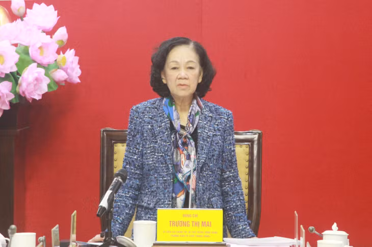 Đồng chí Trương Thị Mai, Ủy viên Bộ Chính trị, Bí thư Trung ương Đảng, Trưởng Ban Tổ chức Trung ương, phát biểu tại buổi làm việc.