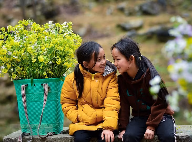 Những em nhỏ với chiếc gùi đầy hoa cải vàng trên lưng chơi ở dốc Thẩm Mã