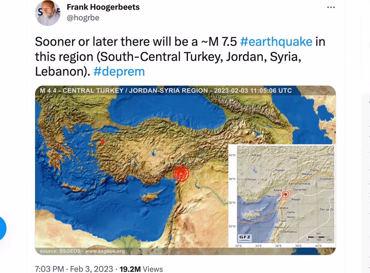 Dự báo của nhà nghiên cứu Frank Frank Hoogerbeets ngày 3.2 về động đất ở Thổ Nhĩ Kỳ, Syria. Ảnh chụp màn hình Twitter @hogrbe