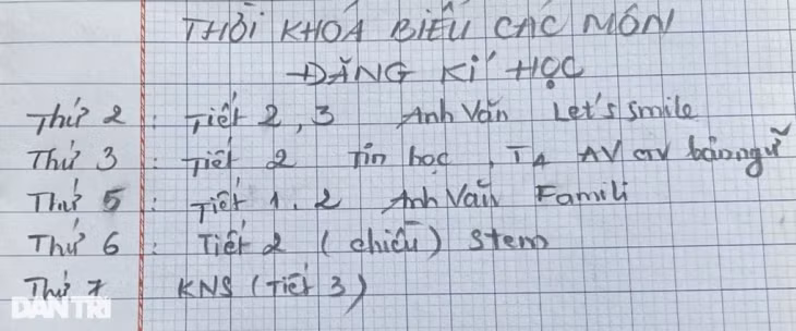 Một tuần, học sinh lớp 1 có hàng loạt tiết tự chọn được liên kết (Ảnh: Phụ huynh cung cấp).