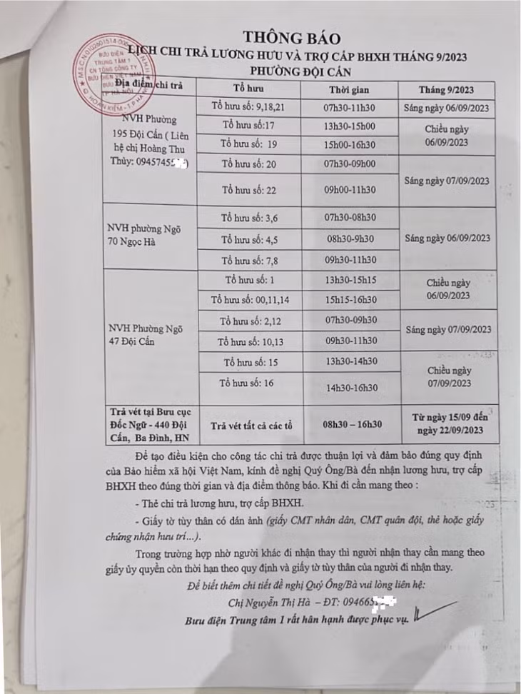 Lịch chi trả lương hưu tháng 9 tại địa bàn của một phường thuộc quận Ba Đình, Hà Nội.