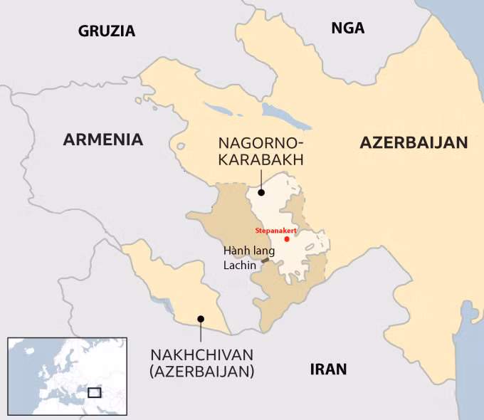 Vị trí vùng ly khai Nagorno-Karabakh. Đồ họa: BBC