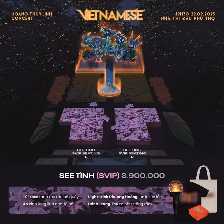 Hạng vé cao nhất của Vietnamese Concert. Ngoài áo, túi, lightstick... thì khán giả của Hoàng Thuỳ Linh còn được tặng bánh trung thu, nhưng quà tặng này xem chừng kém hấp dẫn.