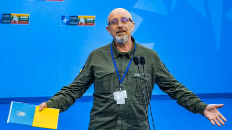 Ông Aleksey Reznikov, Bộ trưởng Quốc phòng Ukraine, trong cuộc họp báo tại Hội nghị thượng đỉnh NATO tổ chức tại Vilnius, Litva. Ảnh: Getty Images